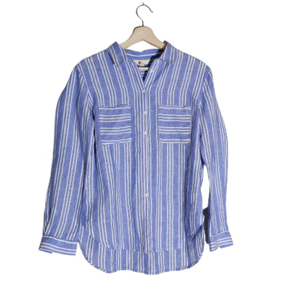 Boden 100% Linen Button-down Shirt Size 6R Blue White Striped